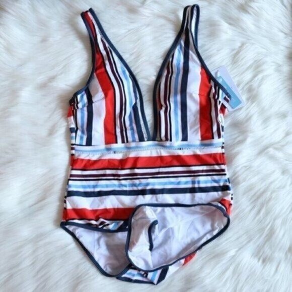 NWT Stripe Print One Piece Bathing Suit Size Large White Orange Blue Swimsuit - Picture 4 of 11